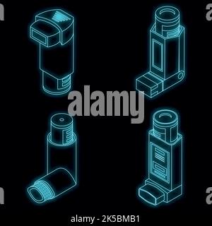 Inhalator-Symbol eingestellt. Isometrischer Satz von Inhalator-Vektorsymbolen neon auf schwarz Stock Vektor
