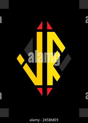 VR-Buchstaben als Logo-Vektor-Design. Emblem, Symbol, feste Identität für virtuelle Realität, Cyberspace, Metaverse. Geteilte Buchstaben gelb, rot, grau. Stock Vektor