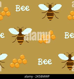 Vektor nahtlose Muster mit fliegenden Cartoon Bienen und Blumen Hintergrund. Illustration für Kinder für Zeitschriften, Bücher, Poster, Karten, Webseiten Stock Vektor