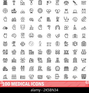 100 medizinische Symbole eingestellt. Skizzieren Sie die Darstellung von 100 medizinischen Symbolen, Vektorset isoliert auf weißem Hintergrund Stock Vektor