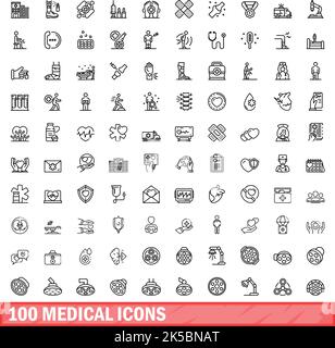 100 medizinische Symbole eingestellt. Skizzieren Sie die Darstellung von 100 medizinischen Symbolen, Vektorset isoliert auf weißem Hintergrund Stock Vektor