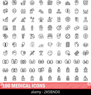 100 medizinische Symbole eingestellt. Skizzieren Sie die Darstellung von 100 medizinischen Symbolen, Vektorset isoliert auf weißem Hintergrund Stock Vektor