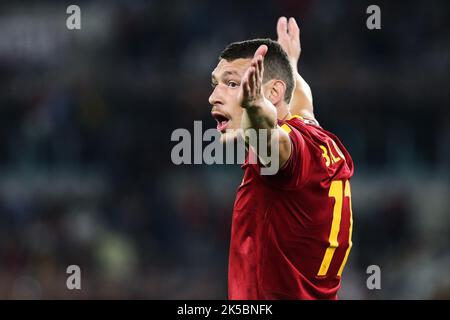 Andrea Belotti von Roma reagiert während des Fußballspiels der UEFA Europa League, Gruppe C zwischen AS Roma und Real Betis am 6. Oktober 2022 im Stadio Olimpico in Rom, Italien - Foto Federico Proietti / DPPI Stockfoto