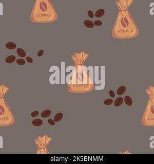 Von Hand gezogener Kaffee mit nahtlosem Muster. Kaffeetasche. Kaffeebohnen von Hand zeichnen Licht auf einem dunklen Hintergrund Stock Vektor
