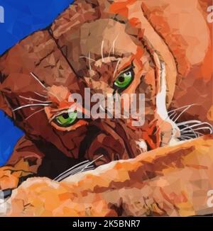 Ein mächtiger Blick auf eine Löwin, die ihre Beute in niederer Poly-Kunst isst Stock Vektor