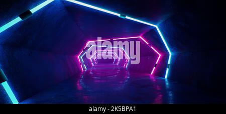 Neon Sci Fi Futuristische Alien Raumschiff Moderne Lebendige Lila Blau Glühenden Laserstrahlen Flur Korridor Retro Dunkel Leer Podium Club Party. 3D Renderin Stockfoto