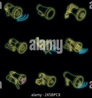 Symbol für Megaphon eingestellt. Isometrischer Satz von Megaphon-Vektor-Symbolen auf Schwarz Stock Vektor