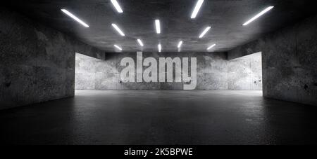 Garage Cement Sci FI Concrete Grunge Dark Underground Studio Hangar Parking Car Showroom. Hintergrund futuristisch 3D Rendering Illustration Stockfoto
