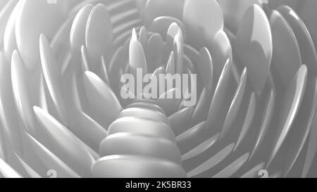 3D Darstellung eines kreisförmig angeordneten Lanzettenbogens mit zufälliger Höhe, die Blütenblätter einer Blume mit nebliger Atmosphäre in Graustufen bildet, die einen Jahrgang begründen Stockfoto