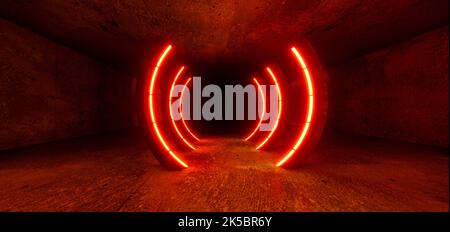 Schöne Komposition aus orangefarbenen Neonlichtern auf schwarzem Hintergrund. Leuchtet im Dunkeln. Verschwommene Reflexionen auf dem dunklen Boden. 3D Rendering des Bildes. Stockfoto