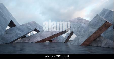 Abstrakter Architekturhintergrund. Betonwände Leeren Raum Mit Himmel. 3D Rendering Stockfoto