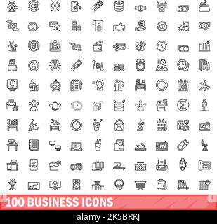 100 Business-Icons gesetzt. Skizzieren Sie die Darstellung von 100 Geschäftssymbolen, die auf weißem Hintergrund isoliert sind Stock Vektor