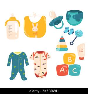 Neugeborenes Mädchen handgezeichnete Elemente Set mit Baby Kleidung Spielzeug Und Objekte für Pflege isolierte Vektordarstellung Stock Vektor