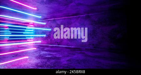 Leere dunkle Hintergrundszene der Show. Neon ultraviolette verschwommene Lichter. Zimmer. 3D Rendern Stockfoto