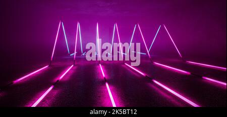 Neon leuchtenden Lampen Retro Cyber Virtuelle violett leuchtenden Leuchtstoffröhren Abstract Grunge konkrete Tunnel Zimmer Sci Fi futuristische Bühne leer Nig Stockfoto