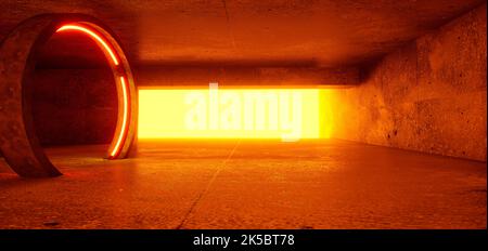 Hintergrund eines leeren Raumes mit Betonwänden und orangefarbenem Neonlicht. 3D Rendern Stockfoto