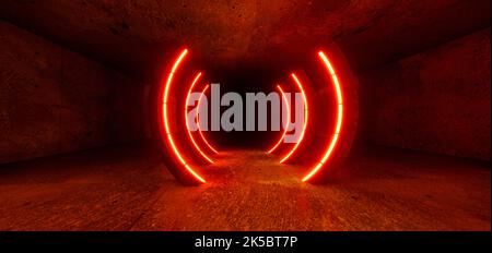 Schöne Komposition aus orangefarbenen Neonlichtern auf schwarzem Hintergrund. Leuchtet im Dunkeln. Verschwommene Reflexionen auf dem dunklen Boden. 3D Rendering des Bildes. Stockfoto