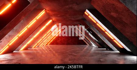 Sci-Fi neonleuchtende Lampen in einem dunklen Korridor. Reflexionen auf dem Boden und an den Wänden. Leerer Hintergrund in der Mitte. 3D Rendering des Bildes. Technologie-Zukunft Stockfoto