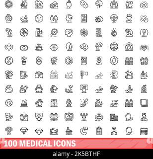 100 medizinische Symbole eingestellt. Skizzieren Sie die Darstellung von 100 medizinischen Symbolen, Vektorset isoliert auf weißem Hintergrund Stock Vektor