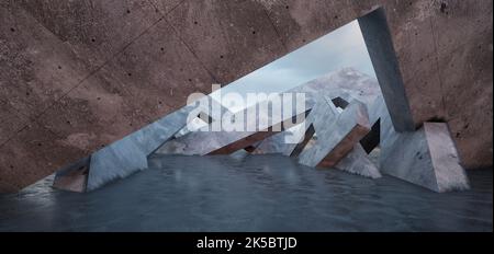 Abstraktes Interieur in Weiß und Beton. 3D Illustration und Rendering. Stockfoto