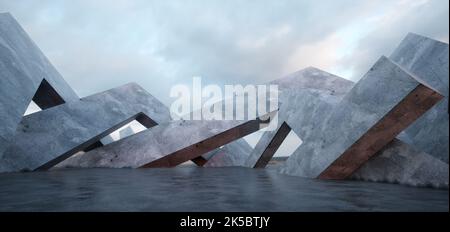 Abstrakter Architekturhintergrund. Betonwände Leeren Raum Mit Himmel. 3D Rendering Stockfoto
