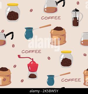 Nahtloses Kaffeemuster. Kaffeeelemente. Vektorgrafik. Kaffeemaschine mit Kaffeetassen, Kaffeetasse. Vektorgrafik. Handzeichnung, Stock Vektor