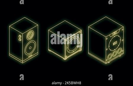 Stereosystem-Symbole eingestellt. Isometrischer Satz von Stereosystem-Vektorsymbolen neon auf schwarz Stock Vektor