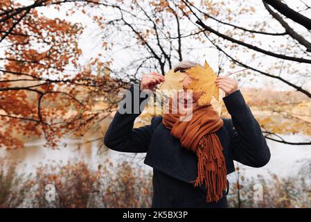 Eine Frau im Mantel und Schal in einem Herbstpark bedeckt ihr Gesicht mit Ahornblättern. Stockfoto