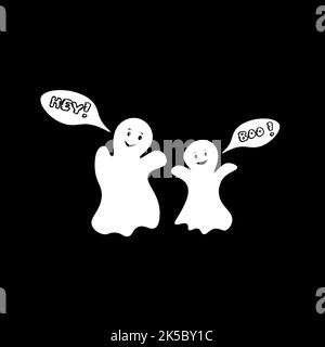 Super Cute Kinder Geister Zeichen Vektor-Muster. Zwei weiße lächelnde Geister auf schwarzem Hintergrund mit Text HEY! Boo! Vorlage für Kinderkleidung, für wra Stock Vektor