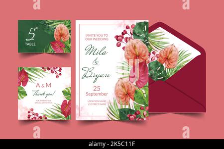 Realistische Nachbildung von Hochzeitseinladungskarten Menü-Umschläge in blauer Farbe mit Text Ringe Bänder und Dichtung isoliert Vektor-Illustration Stock Vektor