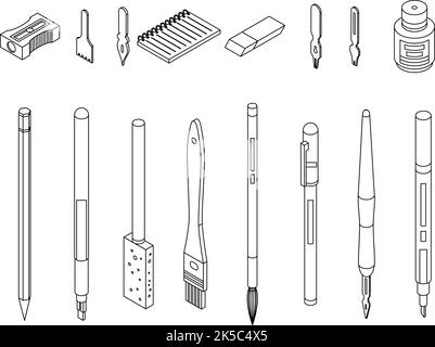 Kalligraphie-Werkzeuge Symbole gesetzt. Isometrischer Satz von Kalligraphie-Tools Vektor-Symbole dünne Linie Umriss auf weiß isoliert Stock Vektor