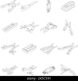 Multitool-Symbole eingestellt. Isometrischer Satz von Multitool-Vektorsymbolen dünne Linie auf weiß isoliert Stock Vektor