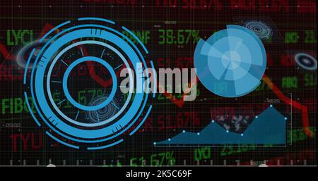 Bild von Rundscannern über der Datenverarbeitung an der Börse vor schwarzem Hintergrund Stockfoto