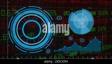 Bild von Rundscannern über der Datenverarbeitung an der Börse vor schwarzem Hintergrund Stockfoto