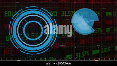 Bild von Rundscannern über der Datenverarbeitung an der Börse vor schwarzem Hintergrund Stockfoto