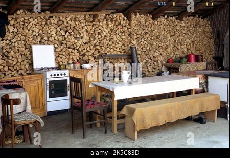 Bistrița-Năsăud County, Rumänien, 2000. Außenküche auf dem Land, mit großer Menge Brennholz an der Rückwand. Stockfoto