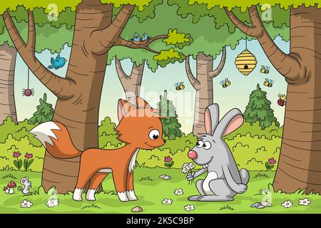 Fuchs und Kaninchen treffen sich im Wald. Stockfoto
