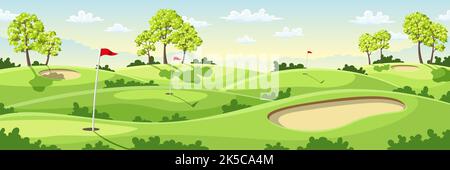 Landschaft Golfplatz mit Fahnen, grünen und Sandbunker. Stockfoto