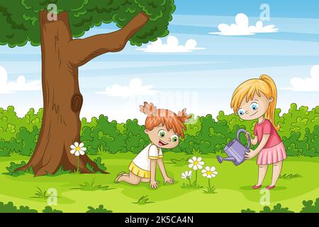 Zwei Mädchen im Garten. Lustige cartoon Charakter. Stockfoto