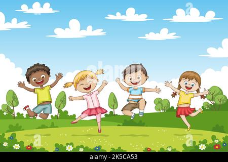 Gerne springen Kinder. Lustige cartoon Charakter. Stockfoto