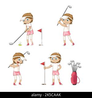 Mädchen spielen Golf. Lustige cartoon Charakter. Auf weissem Hintergrund. Stockfoto