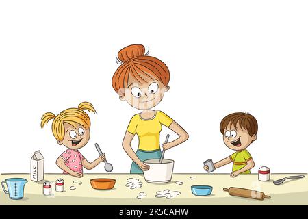 Mutter und Kinder kochen. Lustige cartoon hand Charakter gezeichnet. Stockfoto