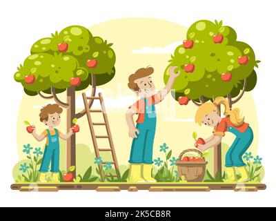 Junge Familie pflücken Äpfel im Garten. Reife Äpfel hängen an Bäumen. Illustration im modernen Cartoon-Stil. Stockfoto