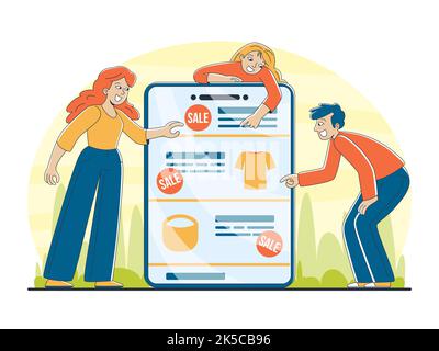 Menschen, die online einkaufen und Technologie-Gadget verwenden. Mann und Frau mit Smartphone oder Tablet. Stockfoto