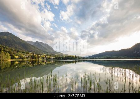 Blick über den Walchsee, links das Kaisergebirge mit dem Zahmen Kaiser, Kaiserwinkl, Tirol, Österreich Stockfoto