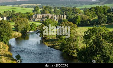 Die Sonne am frühen Morgen erhellt die Bolton Abbey in Wharfedale, N Stockfoto