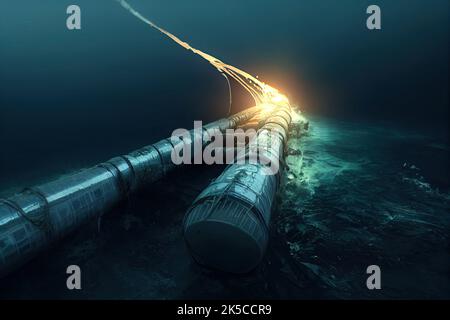 Eine Unterwasser-Explosion auf Gasleitungen und Gasleck. Sabotagekonzept im Krieg, das Klimarisiken und Meeresverschmutzung verursachen würde. 3D Abbildung. Stockfoto