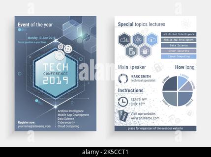 Vektorvorlage für Business Flyer mit einem Titel für eine Technologiekonferenz. Vektordarstellung mit Vorder- und Rückseite. Stock Vektor