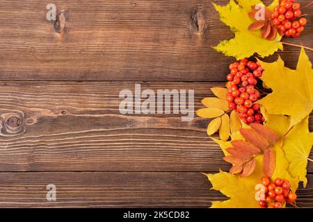 Herbstorange Ahornblätter und reife Ebereschen auf einem braunen Holztisch, Draufsicht. Ein Ort zum Kopieren. Herbsthintergrund. Stockfoto