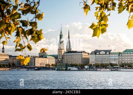 Blick über die Binnenalster zum Rathaus in Hamburg, Deutschland, Europa Stockfoto